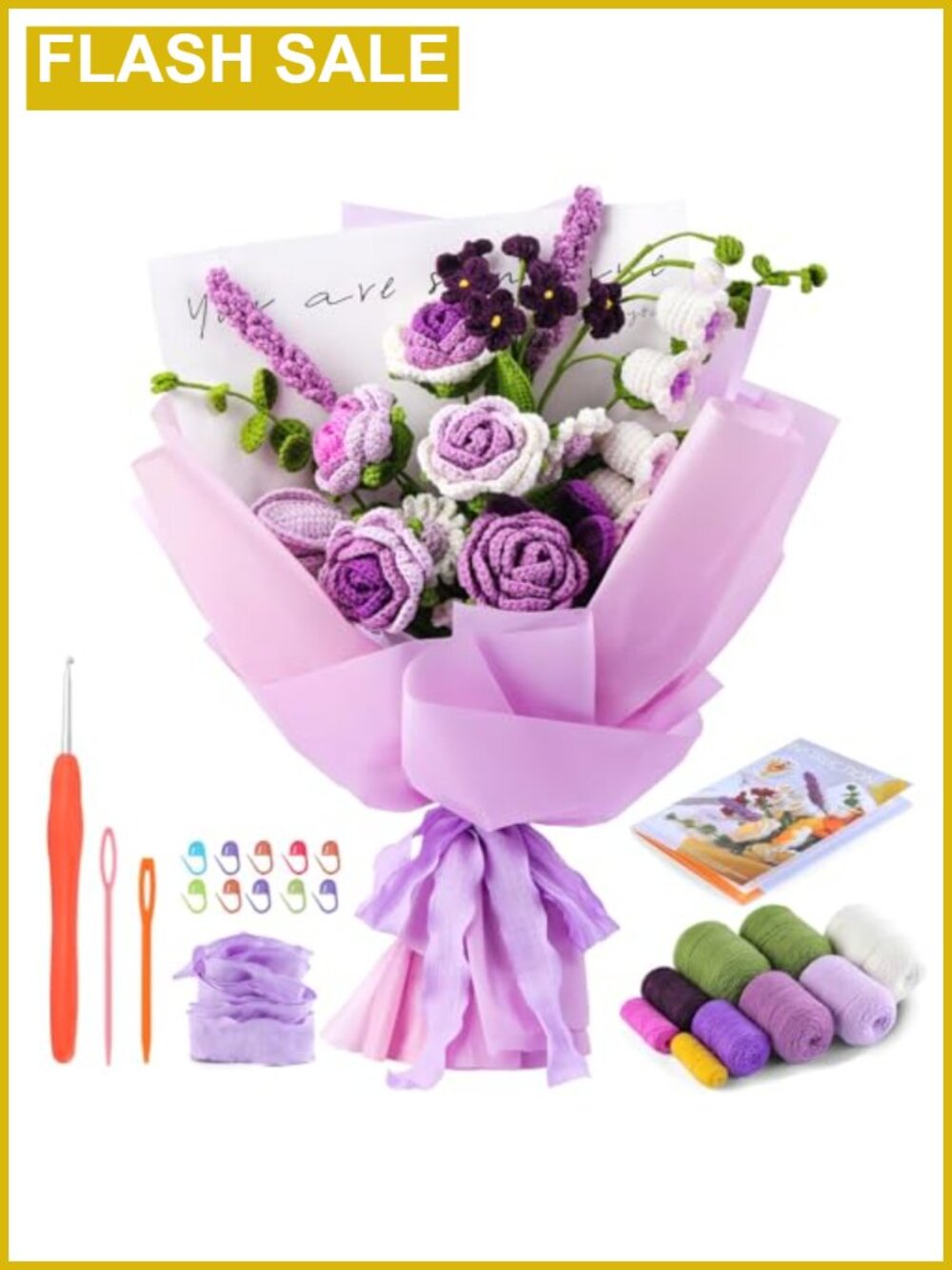 Crochet Kit for Beginners Flower Bouquet Rose with Yarn Hook Instructions